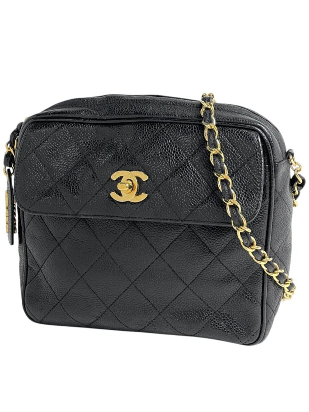 Chanel Shoulder Bag CC Logo Quilted Caviar Leather Black